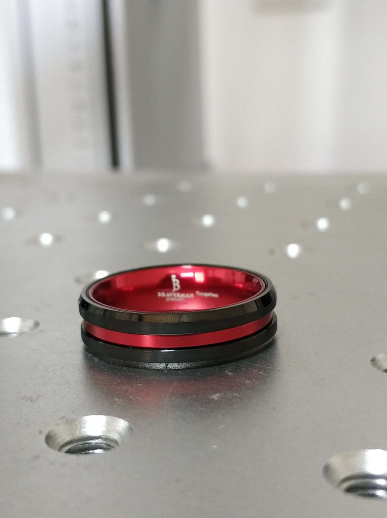 Black Tungsten Men's Thin Red Line Band Ring Red Tungsten Ring Custom FREE Engraved Personlize 6mm/8mm , Black Red Tungsten Ring