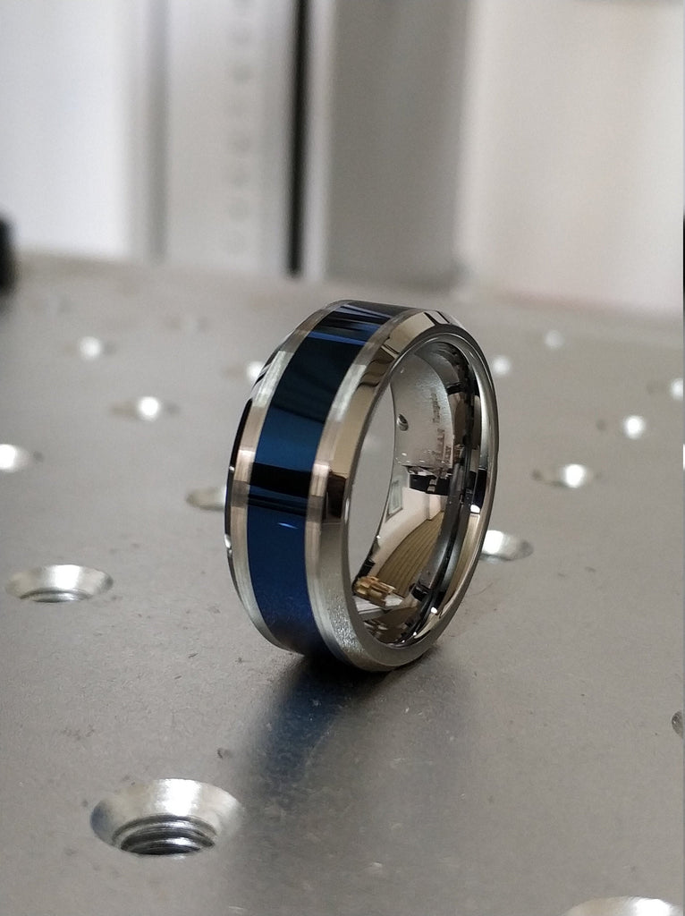 Shiny Blue Tungsten Ring, Blue Tungsten Band, Blue Wedding Ring, Tungsten Wedding Band, Blue And Silver Ring, Blue Band Wedding Ring