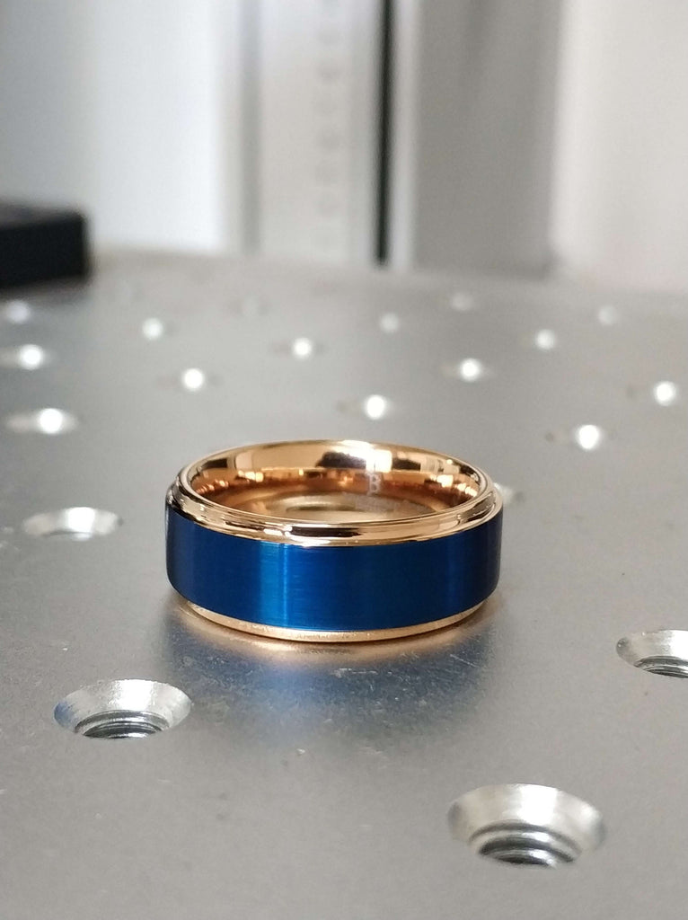 Blue Tungsten Ring For Men, Blue Tungsten Wedding Ring, Blue And Rose Gold Ring, Rose Gold Band With Blue, Wedding Band Rose Gold Blue Ring