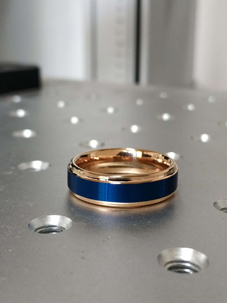 Blue Tungsten Ring For Men, Blue Tungsten Wedding Ring Set, Blue And Rose Gold Ring, Rose Gold Band With Blue, Wedding Band Rose Gold Blue