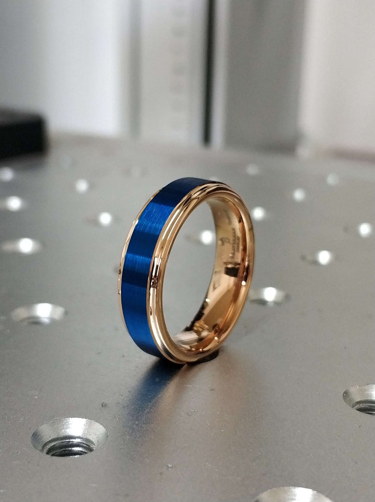 Blue Tungsten Ring For Men, Blue Tungsten Wedding Ring Set, Blue And Rose Gold Ring, Rose Gold Band With Blue, Wedding Band Rose Gold Blue