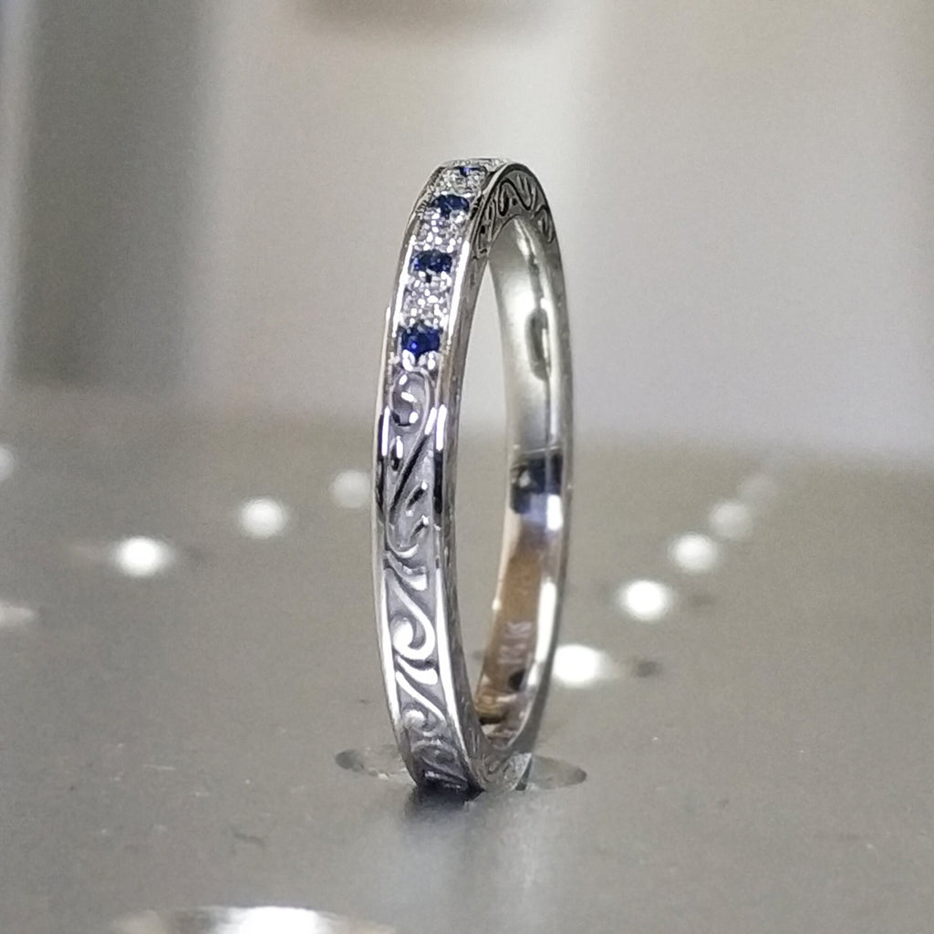 Filigree Natural Blue Sapphire Band White Gold Vintage Band Band Art Deco Band Stackable Wedding Band Prong Band Anniversary Band New 14K