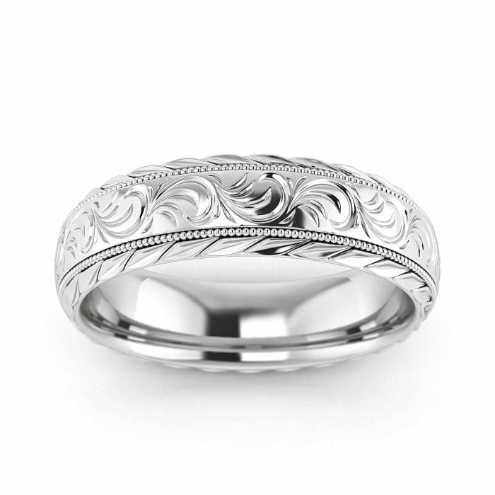 14k white gold flower wedding ring 5mm, Floral, Engraved, Milgrained, Beveled, 14K White Gold, Wedding Band