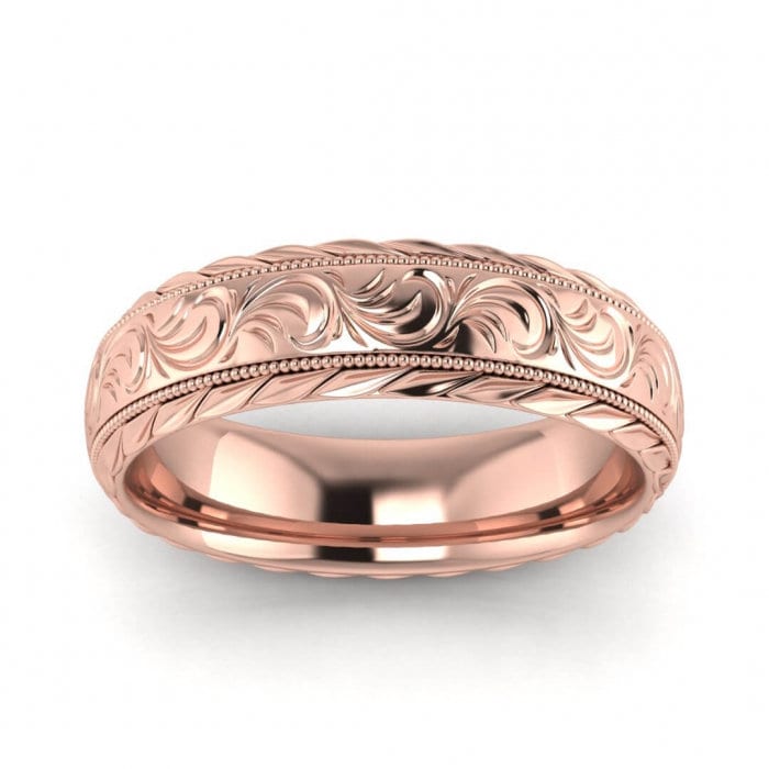 14k rose gold flower wedding ring 5mm, Floral, Engraved, Milgrained, Beveled, 14K Rose Gold, Wedding Band