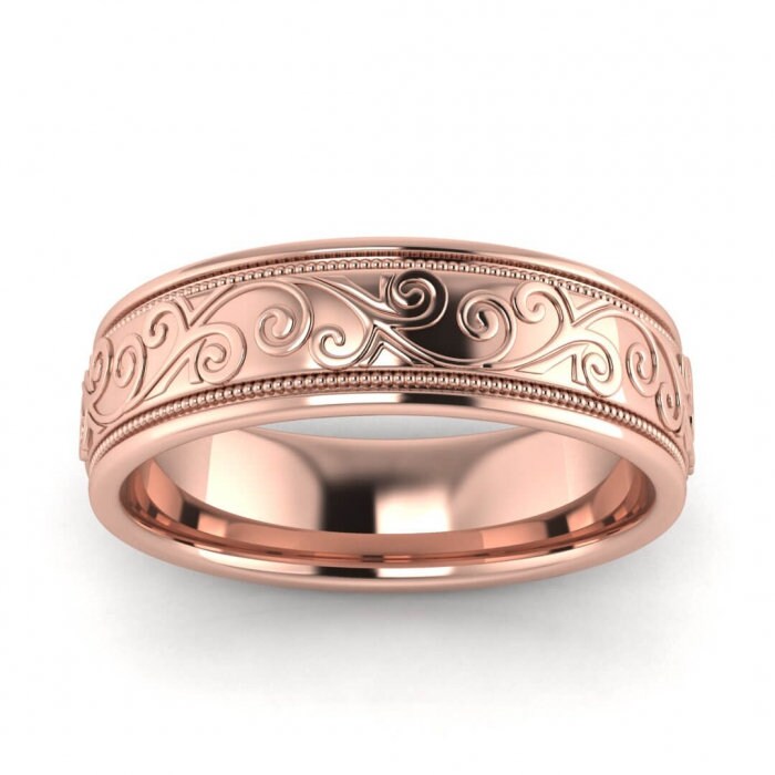 14k rose gold unique floral ring 5.5mm, Leaves, Milgrain, Floral, Engraving, Paisley, 14K Rose Gold, Wedding Band