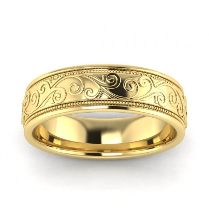 14k yellow gold unique floral ring 5.5mm, Leaves, Milgrain, Floral, Engraving, Paisley, 14K Yellow Gold, Wedding Band