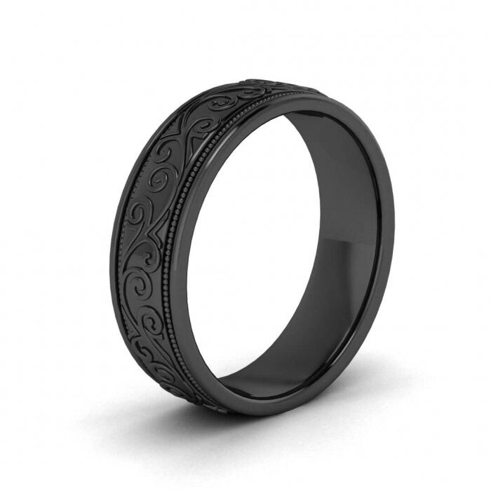 14k black gold unique floral ring 5.5mm, Leaves, Milgrain, Floral, Engraving, Paisley, 14K Black Gold, Wedding Band