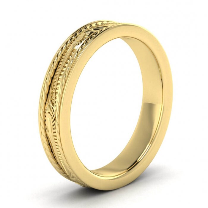 14k yellow gold scroll wedding ring 4.5mm, Engraved, Ropes design, Unique texture, Wedding, Hand engraved, 14K Yellow Gold, Wedding Band