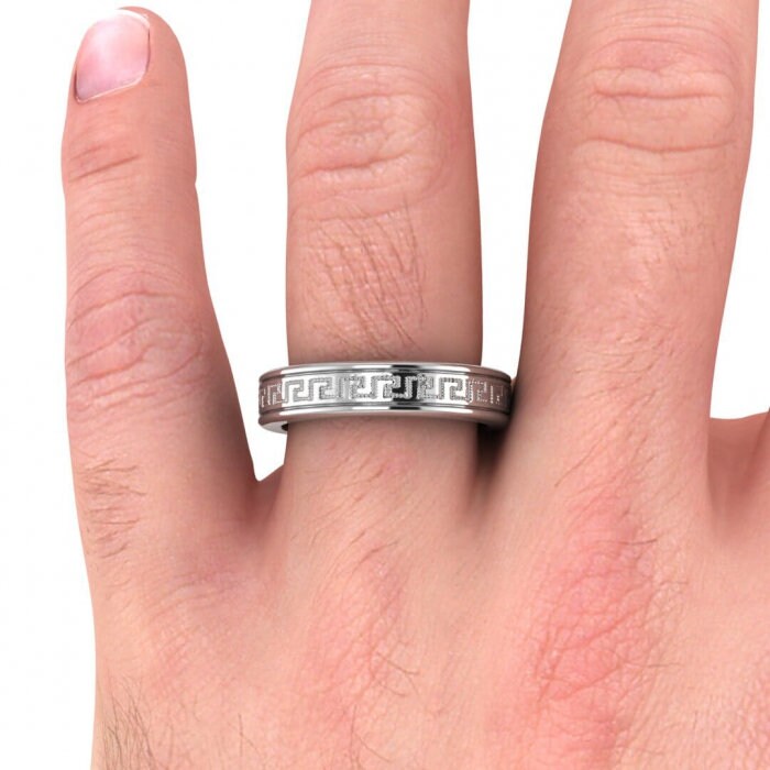 14k white gold zeus greek wedding band 5mm, Greek key engraving, Rounded, Unique wedding ring, 14K White Gold, Wedding Band