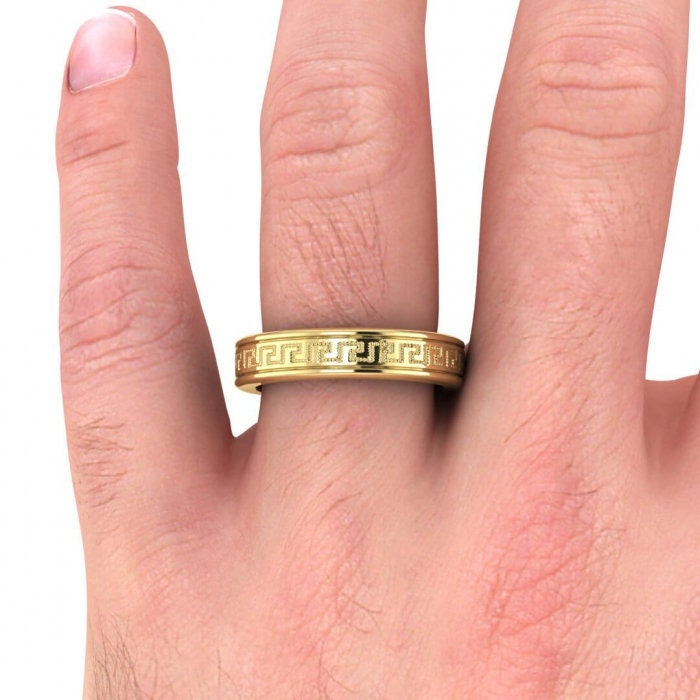 14k yellow gold zeus greek wedding band 5mm, Greek key engraving, Rounded, Unique wedding ring, 14K Yellow Gold, Wedding Band