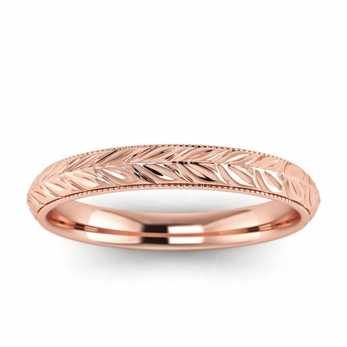 14k rose gold giada hand engraved vintage ring, Leaf engraving, Knife edged, 14K Rose Gold, Wedding Band