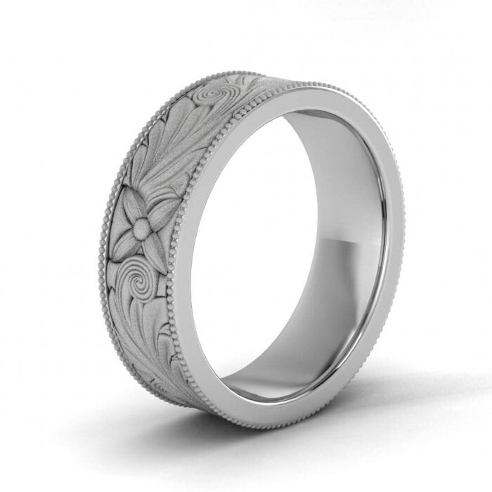 14k white gold brushed nature inspired ring, Floral, Engraved, Milgrained, Beveled, 14K White Gold, Wedding Band