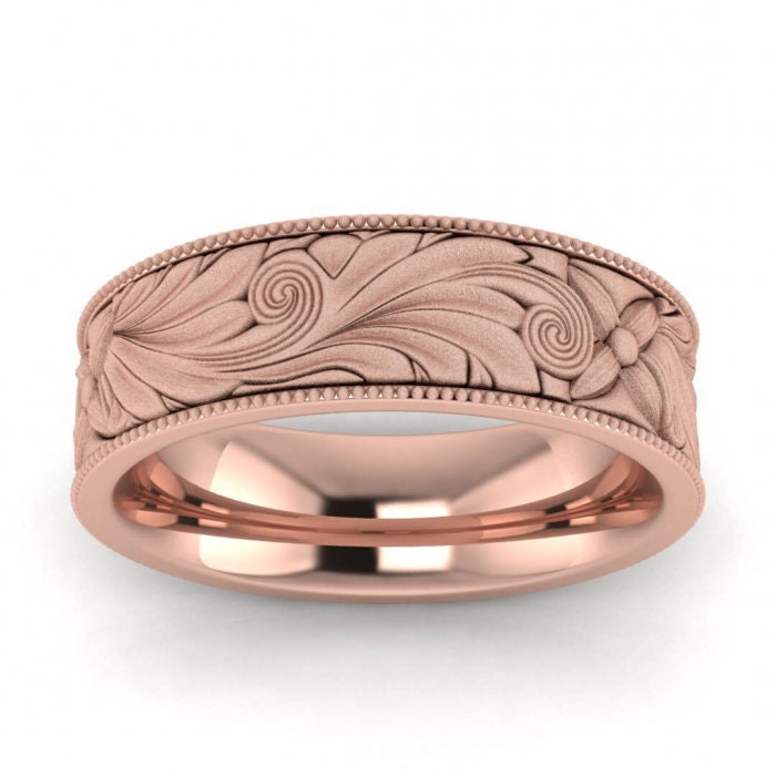 14k rose gold brushed nature inspired ring, Floral, Engraved, Milgrained, Beveled, 14K Rose Gold, Wedding Band