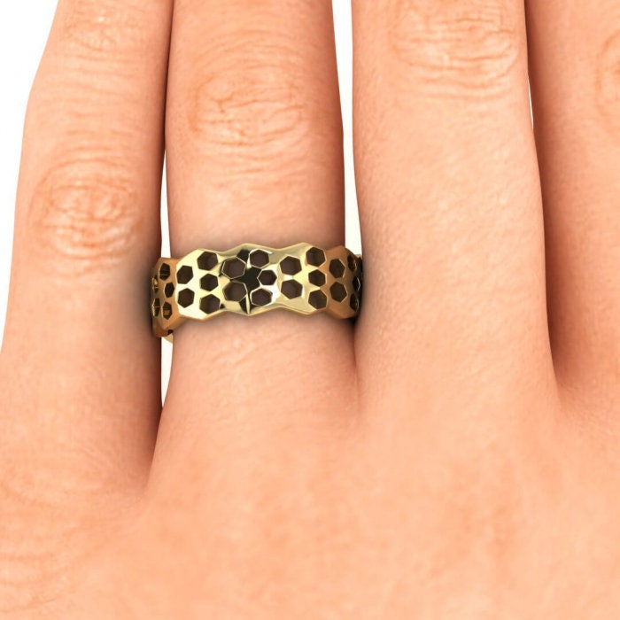 14k yellow gold honeycomb ring, Honeycomb, Wedding ring, 14K Yellow Gold, Wedding Band