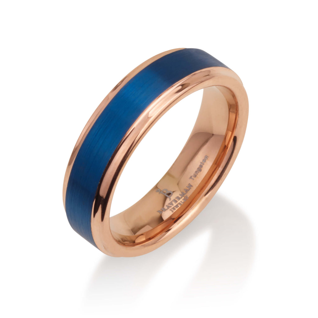 Blue Tungsten Ring For Men, Blue Tungsten Wedding Ring, Blue And Rose Gold Ring, Rose Gold Band With Blue, Wedding Band Rose Gold Blue Ring