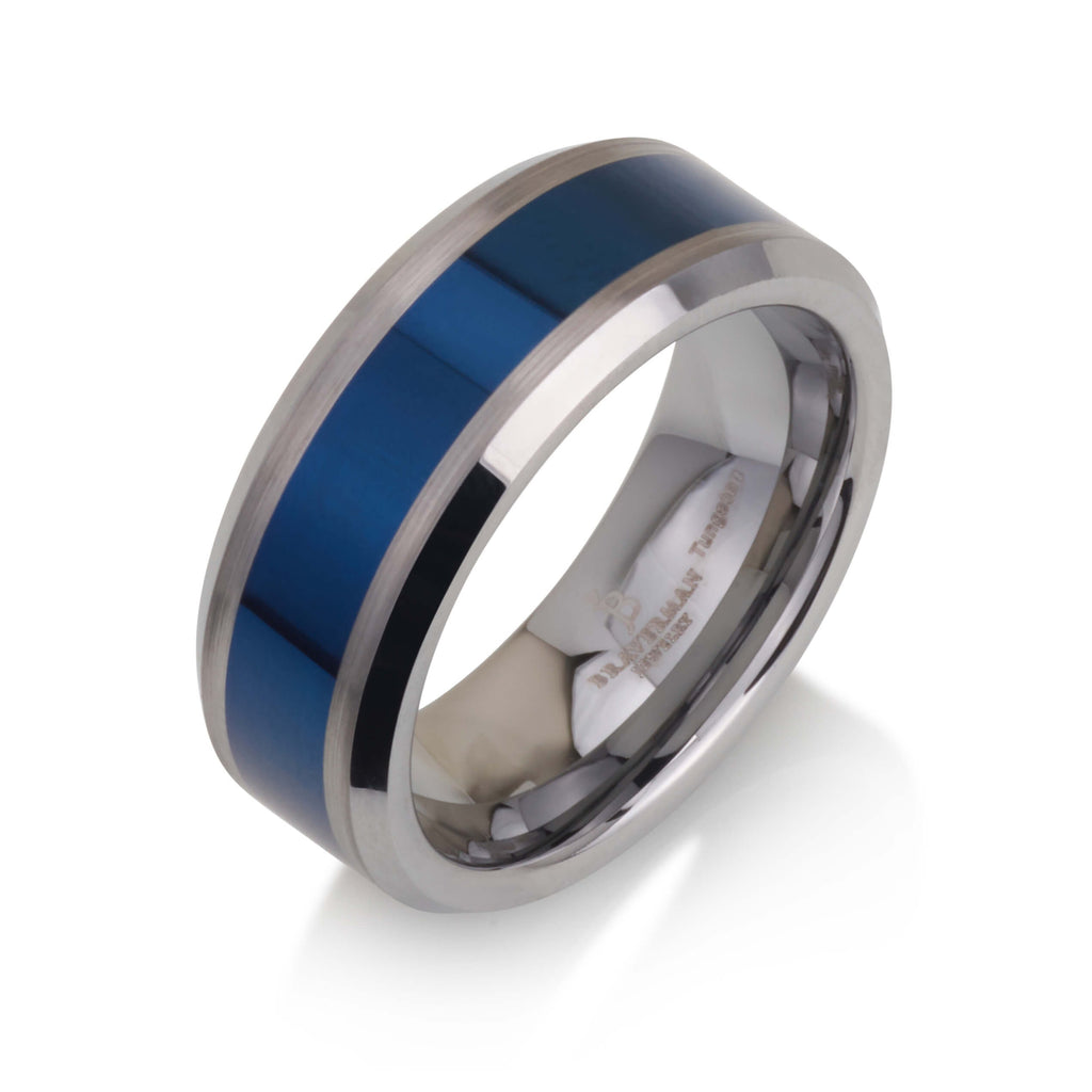 Shiny Blue Tungsten Ring, Blue Tungsten Band, Blue Wedding Ring, Tungsten Wedding Band, Blue And Silver Ring, Blue Band Wedding Ring