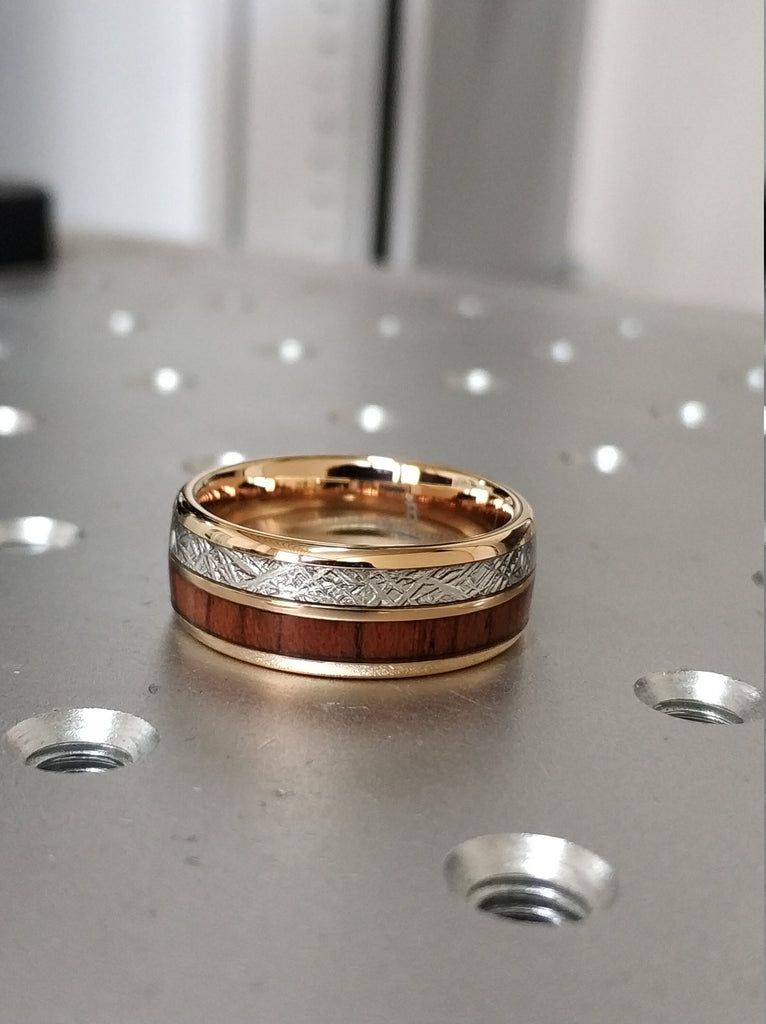 Rose Gold Wood Meteorite Tungsten Ring Male Wedding Band Polished 2-Inlay Domed Design 8MM Size 5 to 14 Mens Anniversary Fathers Day Gift