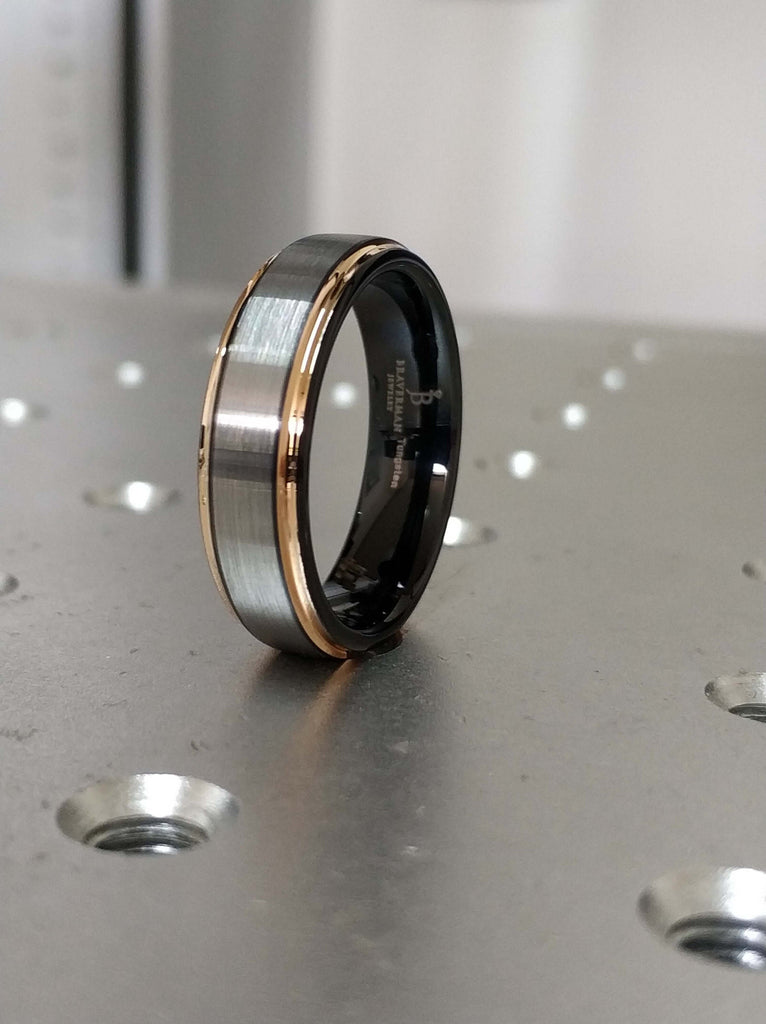 Rose Gold Tungsten Ring, Gunmetal Tungsten Wedding Band, Gunmetal Tungsten Ring, Rose Gold Tungsten Band, Rose Gold, Black Ring 6mm