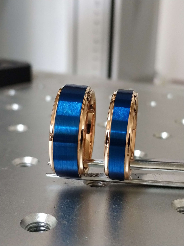 Blue Tungsten Ring For Men, Blue Tungsten Wedding Ring Set, Blue And Rose Gold Ring, Rose Gold Band With Blue, Wedding Band Rose Gold Blue