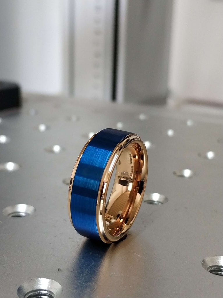 Blue Tungsten Ring For Men, Blue Tungsten Wedding Ring Set, Blue And Rose Gold Ring, Rose Gold Band With Blue, Wedding Band Rose Gold Blue