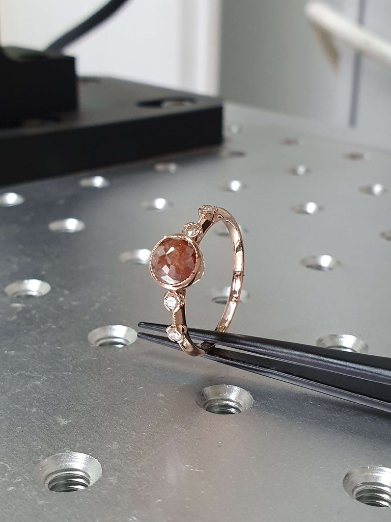 Unique Engagement Ring Rose Cut Diamond Round Ring, Vintage Brown Rose Cut Diamond Ring, Brown Round Rose Cut 14k Gold Non Traditional Ring
