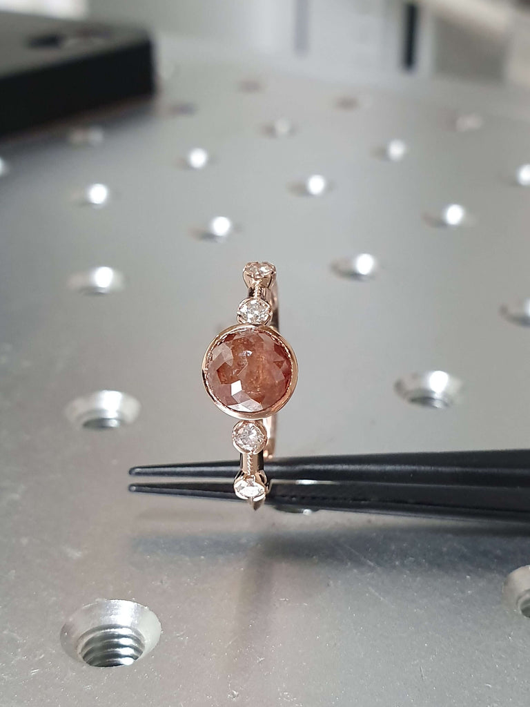 Unique Engagement Ring Rose Cut Diamond Round Ring, Vintage Brown Rose Cut Diamond Ring, Brown Round Rose Cut 14k Gold Non Traditional Ring