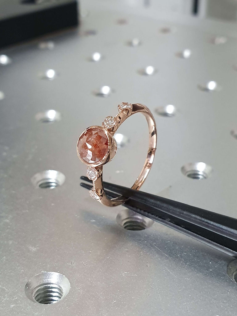 Unique Engagement Ring Rose Cut Diamond Round Ring, Vintage Brown Rose Cut Diamond Ring, Brown Round Rose Cut 14k Gold Non Traditional Ring