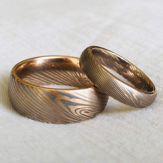 Rose Gold Brushed Mokume Gane Tungsten - Forged Ring- Mokume Band - Damascus Ring- Two Color Mokume- Mokume Wedding Bands - Mokumegane