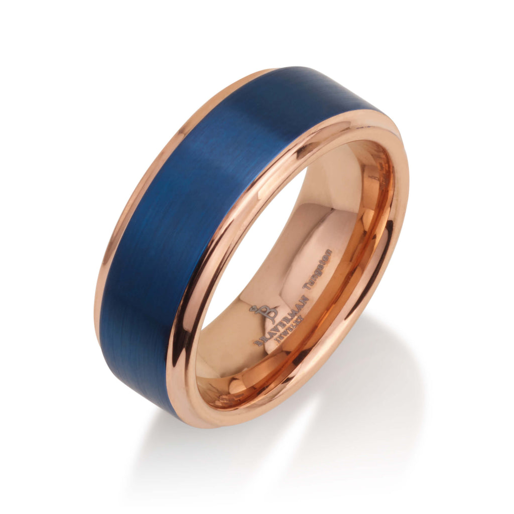 Blue Tungsten Ring For Men, Blue Tungsten Wedding Ring, Blue And Rose Gold Ring, Rose Gold Band With Blue, Wedding Band Rose Gold Blue Ring