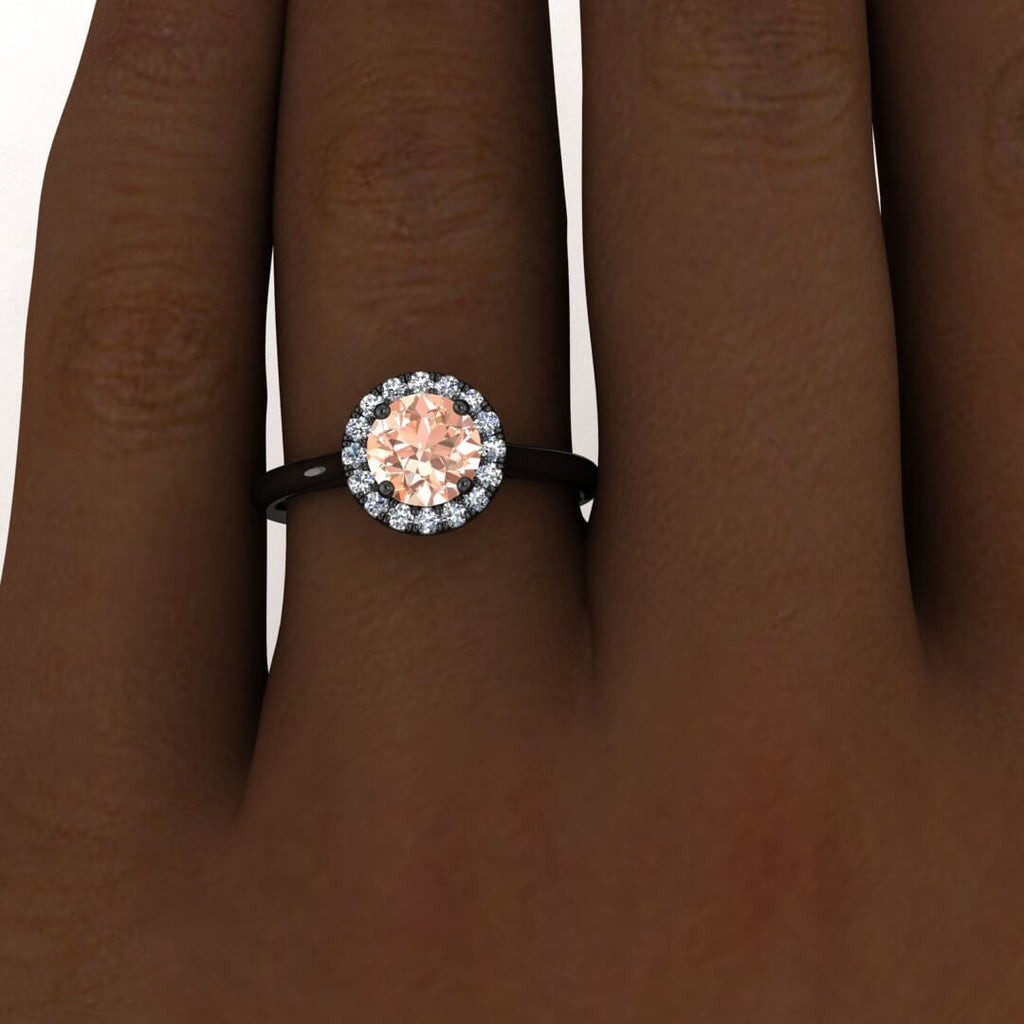 Black Gold Delicate Halo Morganite And Diamond Ring (1/5 CT. TW.) Scalloped pave halo, high profile prongs, bridged shank Anne