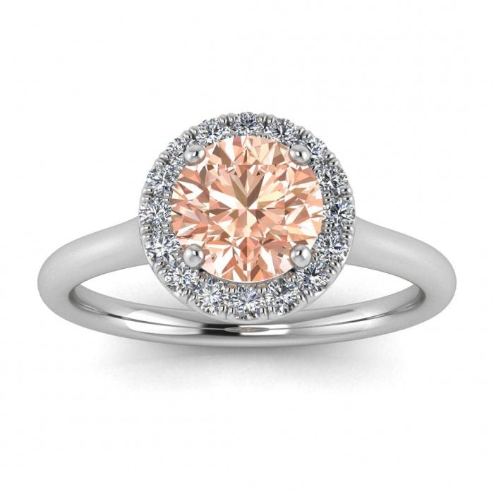 Black Gold Delicate Halo Morganite And Diamond Ring (1/5 CT. TW.) Scalloped pave halo, high profile prongs, bridged shank Anne