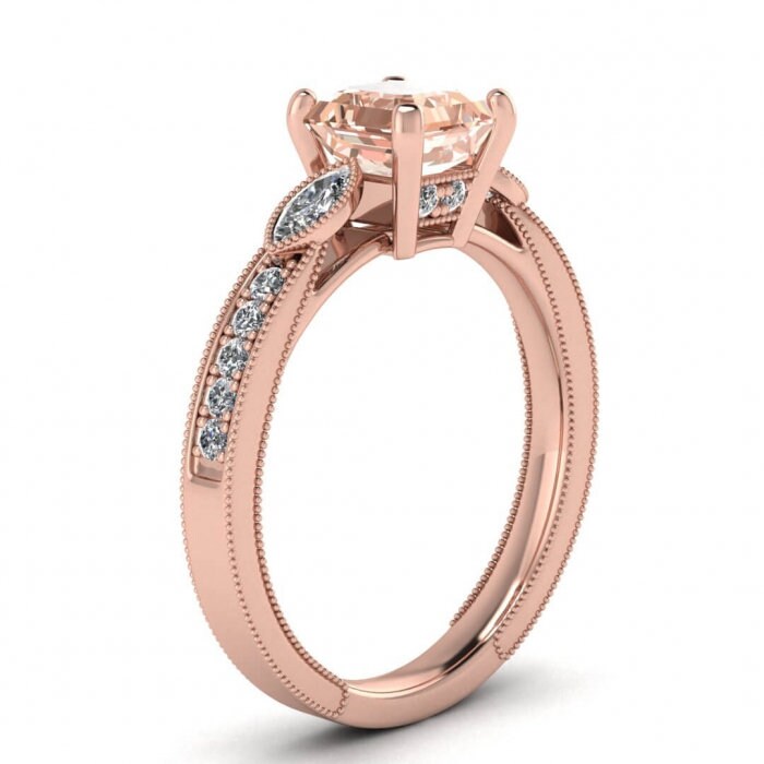 14k Rose Gold Allegria Shiny Milgrained Asscher Cut Morganite And Diamond Ring Marquise Accent Gemstones Pave Along The Sides Basket Setting