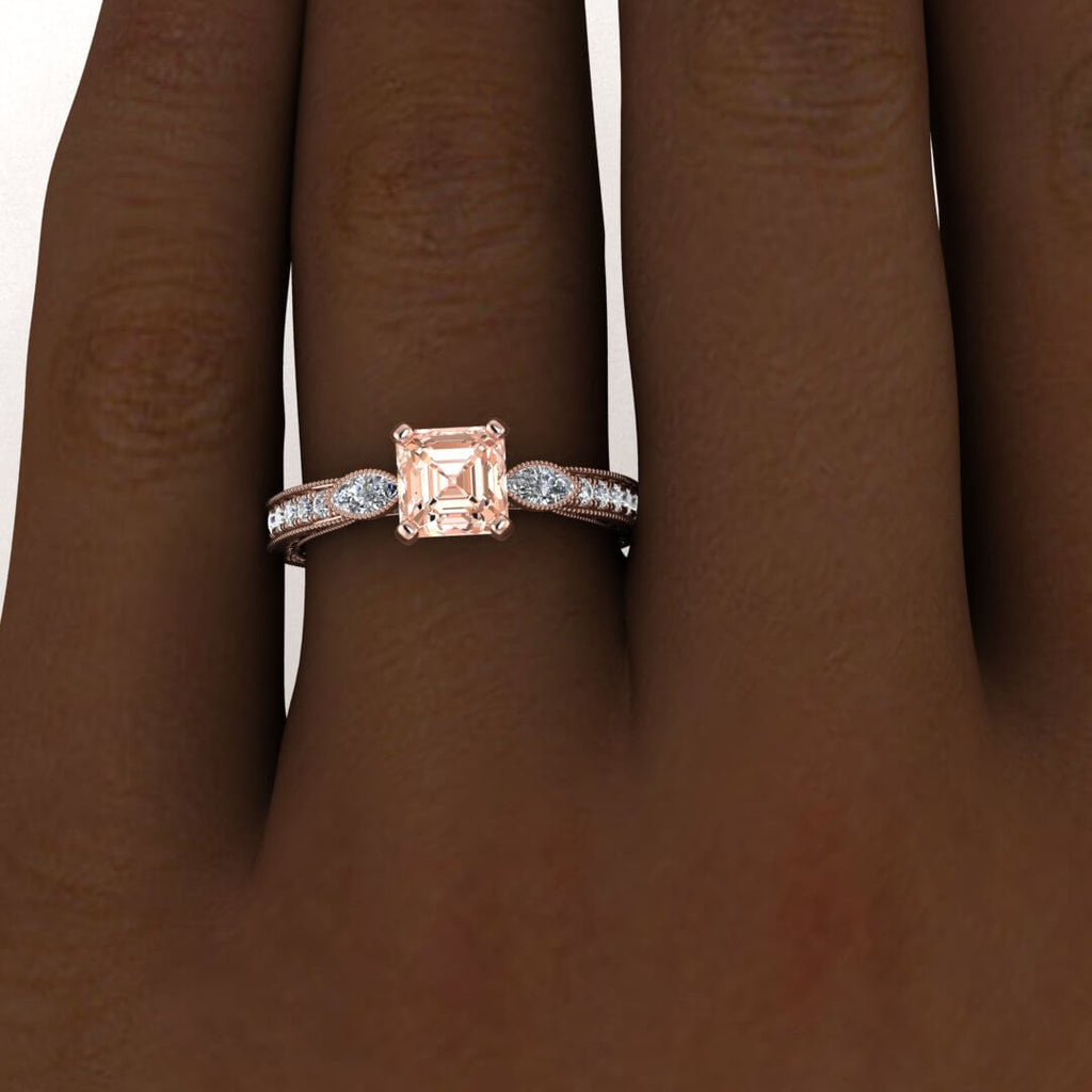 14k Rose Gold Vintage Marquise Accents Asscher Cut Morganite And Diamond Ring Marquise Accent Gemstones, Wheat Hand Engraving, Allegria