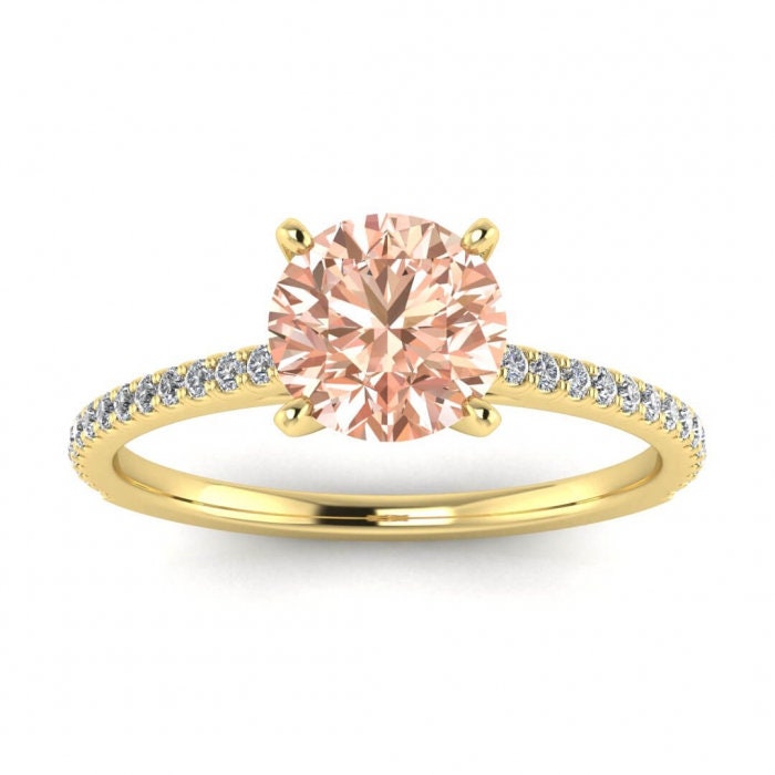 14k Rose Gold Micro Pave Morganite And Diamond Engagement Ring Micro Pave Accents, Prongs Setting Center Gemstone, Anahi