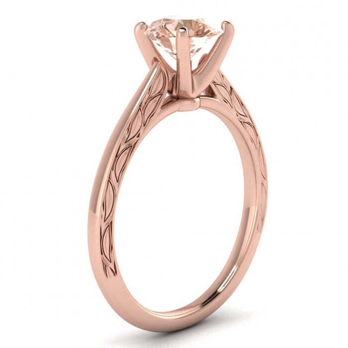 14k Rose Gold Aphrodite Hand Engraved Morganite Ring, Cathedral, High Profile Prongs, Milgrain, Floral Hand Engraving