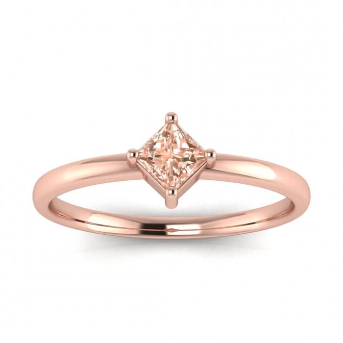 14k Rose Gold Aria Thin Princess Cut Morganite Ring, Offset Prongs, Delicate Band, Unique Setting