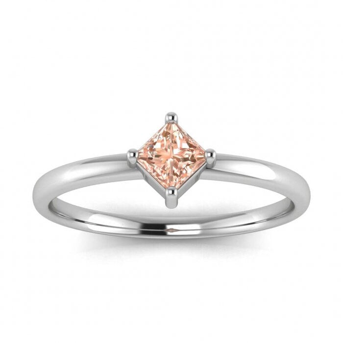 14k Rose Gold Aria Thin Princess Cut Morganite Ring, Offset Prongs, Delicate Band, Unique Setting