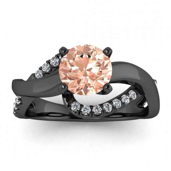 14k Rose Gold Aubree Twisted Morganite And Diamond Ring, Twisted Shank, Scalloped Pave Set, High Profile Setting, Split Shank, Prong Setting