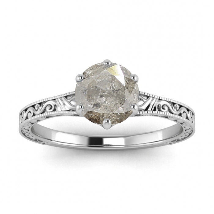 Raw Salt and Pepper Diamond Rose /White /Yellow Gold Engagement Ring Art Deco 1920's Inspired Thin Petite Band 14k Unique Ring for Her