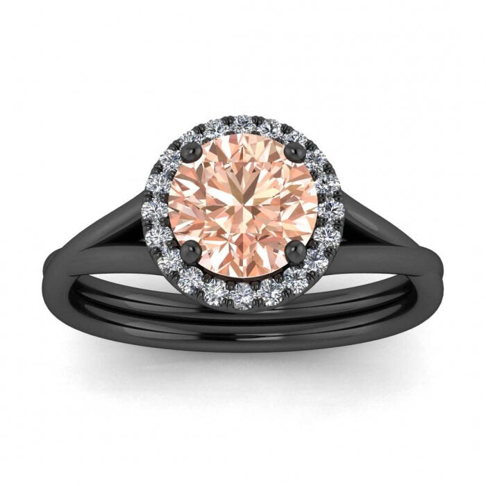 14k Rose Gold Beverly Double Band Morganite And Diamond Halo, Double Band, Open Gallery, Paved Halo