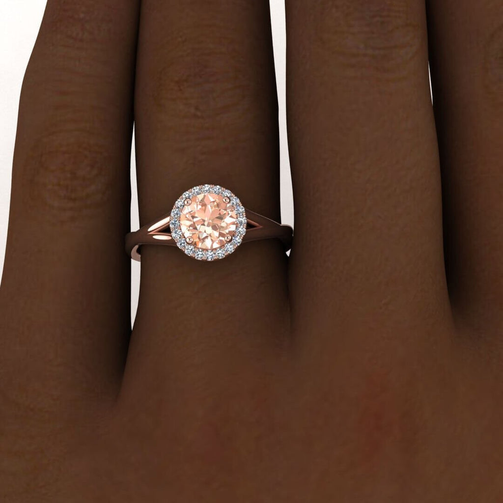 14k Rose Gold Beverly Double Band Morganite And Diamond Halo, Double Band, Open Gallery, Paved Halo