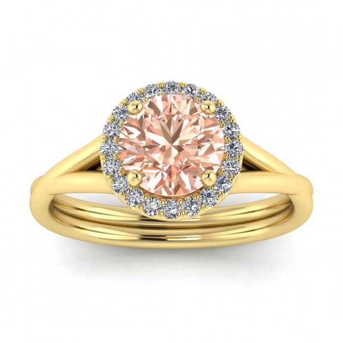 14k Rose Gold Beverly Double Band Morganite And Diamond Halo, Double Band, Open Gallery, Paved Halo