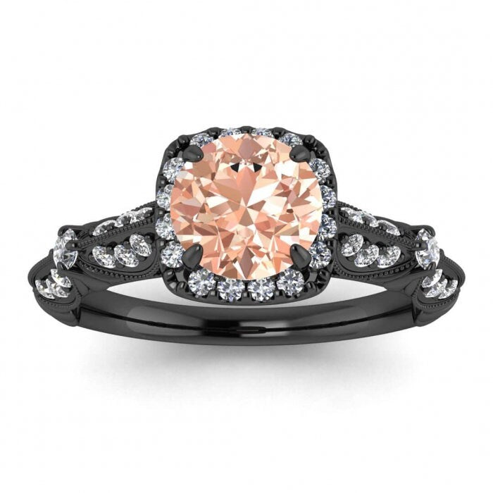 14k Black Gold Julius Edwardian Morganite And Diamond Ring (1/3 Ct. Tw.); Cushion Shaped Halo, Knife Edge Band, Gemstone Accented Band