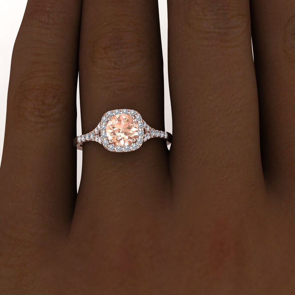 14k Rose Gold Katniss Split Shank Halo Morganite And Diamond Ring (1/4 Ct. Tw.); Pave, Split Shank, Cushion Shaped Halo, Open Gallery