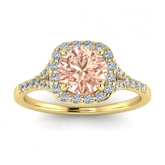 14k Rose Gold Katniss Split Shank Halo Morganite And Diamond Ring (1/4 Ct. Tw.); Pave, Split Shank, Cushion Shaped Halo, Open Gallery