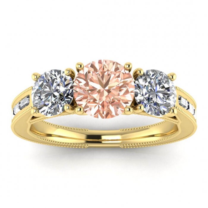 14k Rose Gold Capri 3 Stone Morganite And Diamond Baguette Ring, Baguette Accents, Milgrain, Bezel Accents,3 Stone Engagement Ring