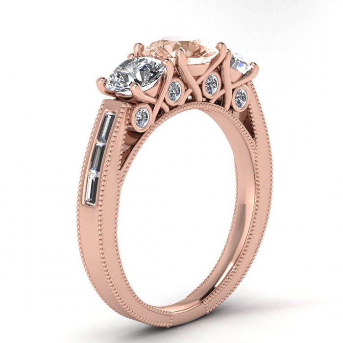 14k Rose Gold Capri 3 Stone Morganite And Diamond Baguette Ring, Baguette Accents, Milgrain, Bezel Accents,3 Stone Engagement Ring