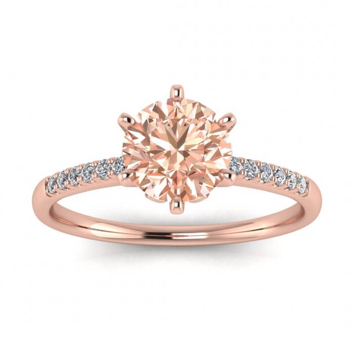 14k Rose Gold Carolina Rose Setting Morganite And Diamond Engagement Ring, Petite Scalloped Pave, Rose Setting Center Gemstone