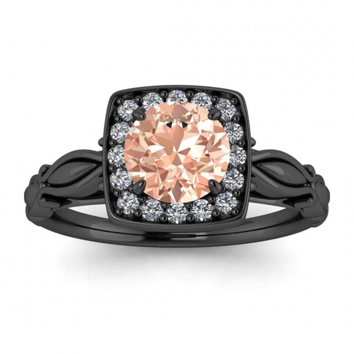 14k Rose Gold Khloe Square Halo Morganite And Diamond Ring (1/9 Ct. Tw.); Hidden Heart Under The Gallery, Petite Band, Floral Band