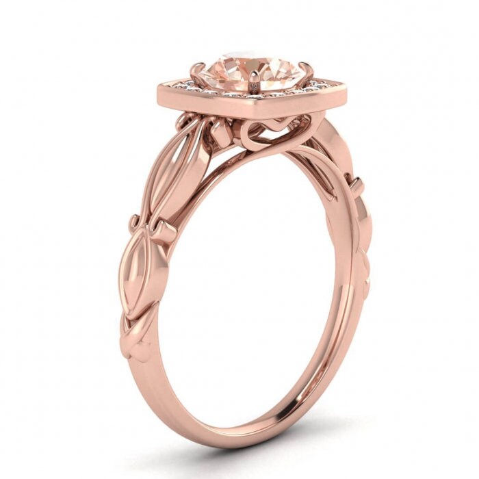 14k Rose Gold Khloe Square Halo Morganite And Diamond Ring (1/9 Ct. Tw.); Hidden Heart Under The Gallery, Petite Band, Floral Band